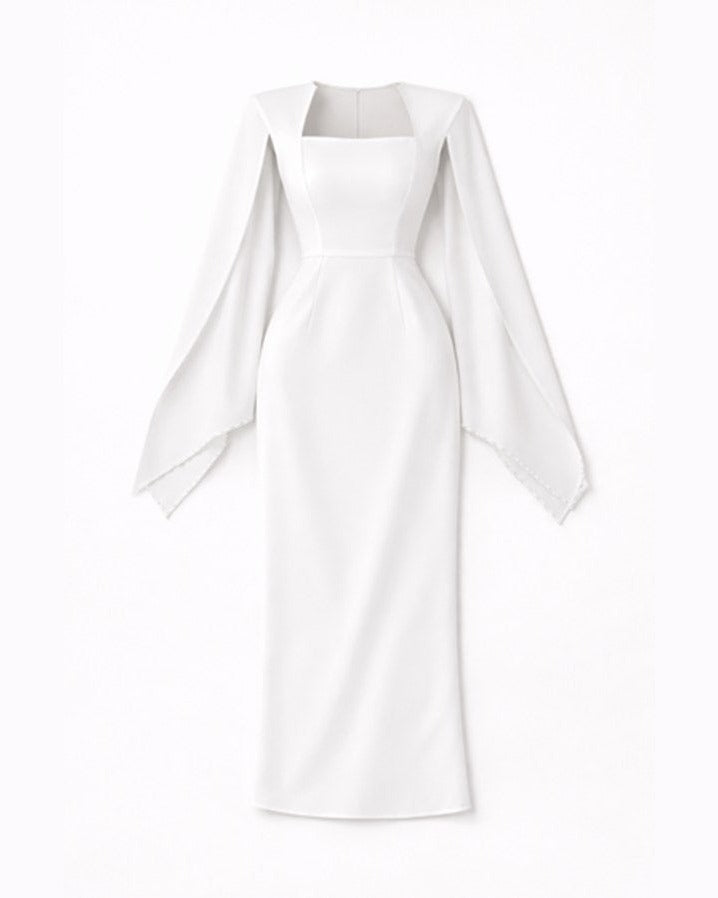 Pearl Wide-Sleeve Dress — White