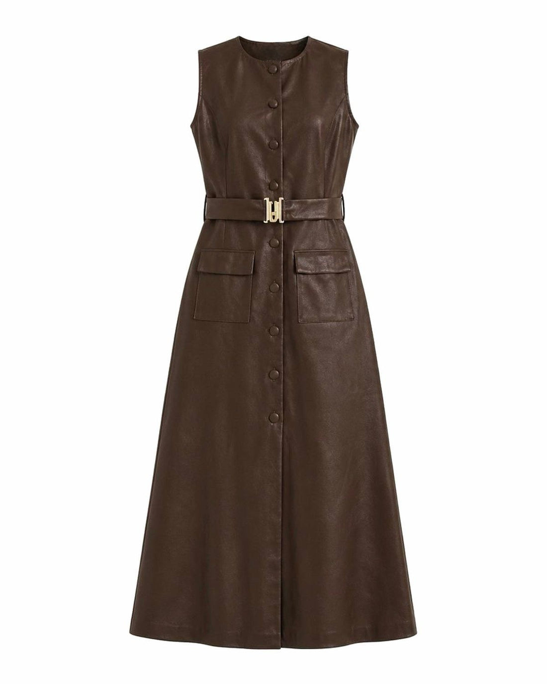 Belted Leather-Look Midi Dress — Brown