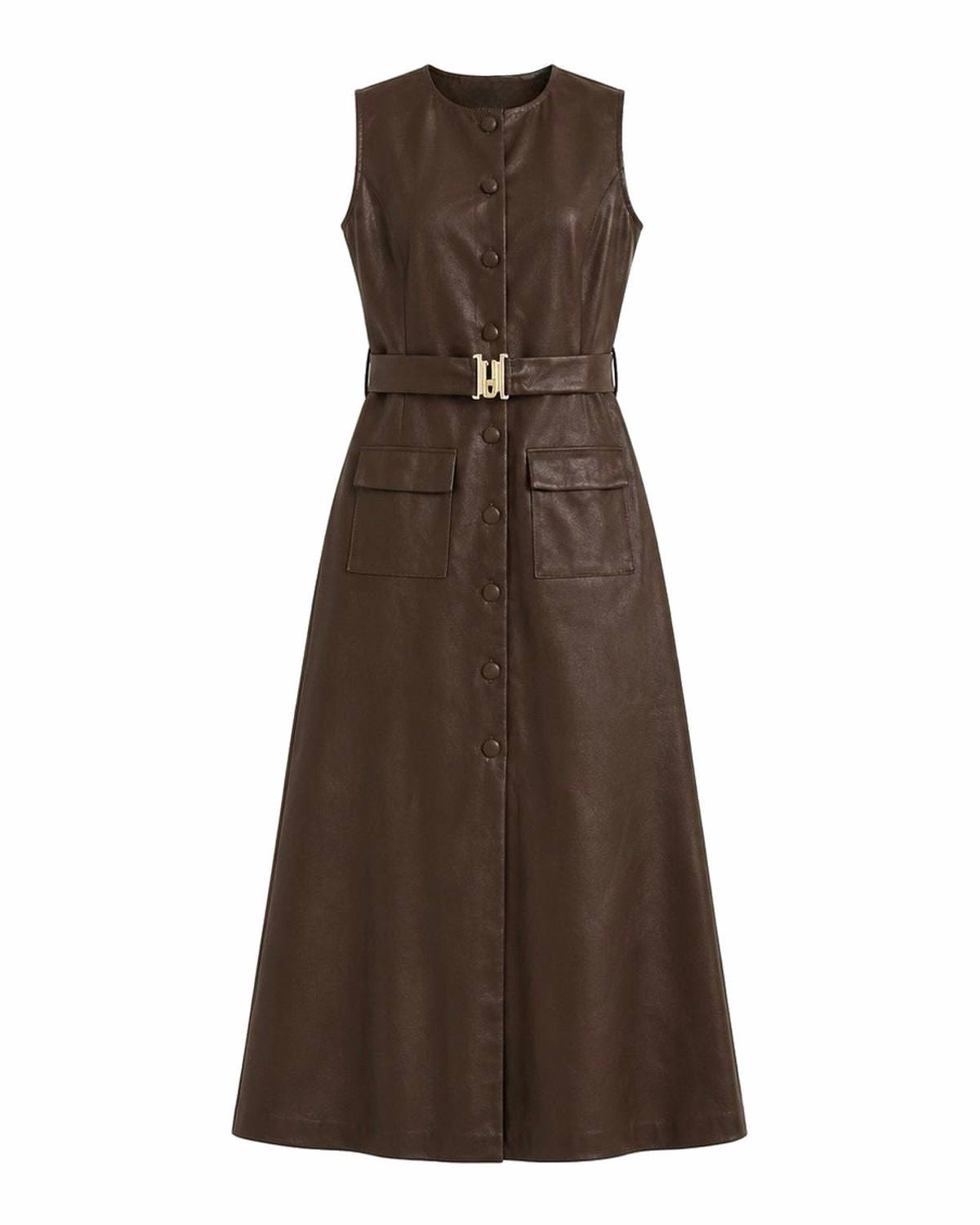 Belted Leather-Look Midi Dress — Brown