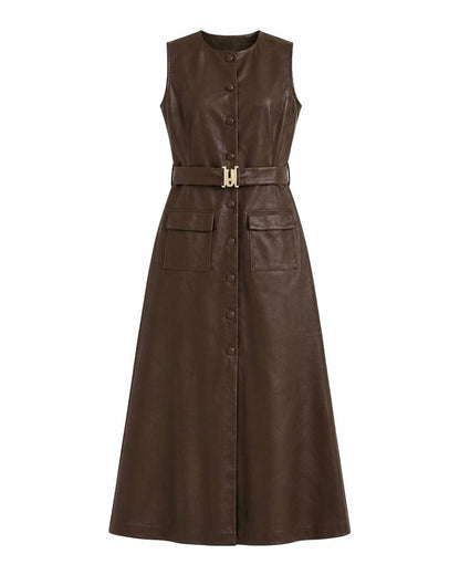 Belted Leather-Look Midi Dress — Brown