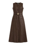 Brown leather belted midi dress Brown