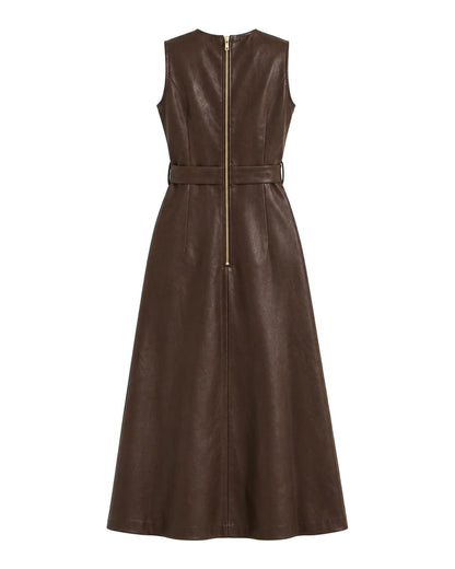 Brown leather belted midi dress Brown back