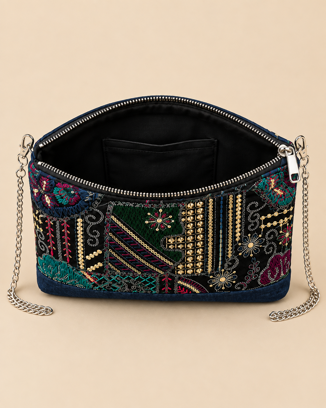 Dark Floral Patchwork Mini Shoulder Bag - Open Top