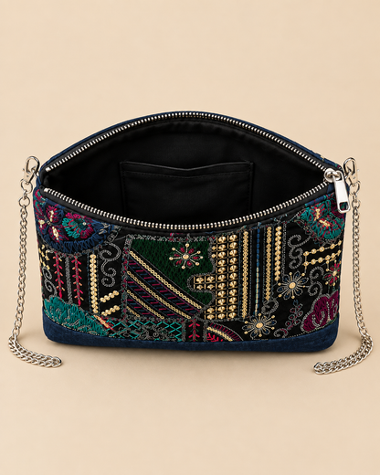 Dark Floral Patchwork Mini Shoulder Bag - Open Top