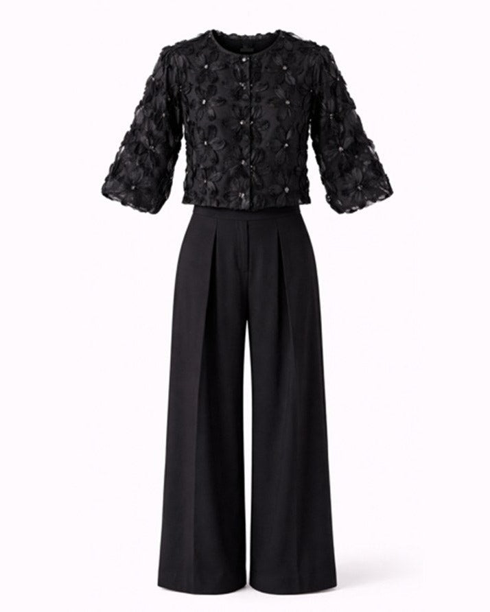 Floral Balloon-Sleeve Jacket — Black