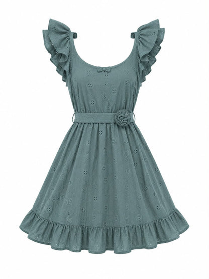 Eyelet ruffle mini dress Teal back