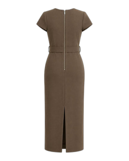 Khaki cap-sleeve belted midi dress Khaki