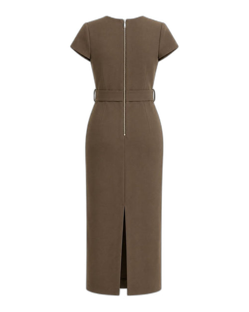 Khaki cap-sleeve belted midi dress Khaki