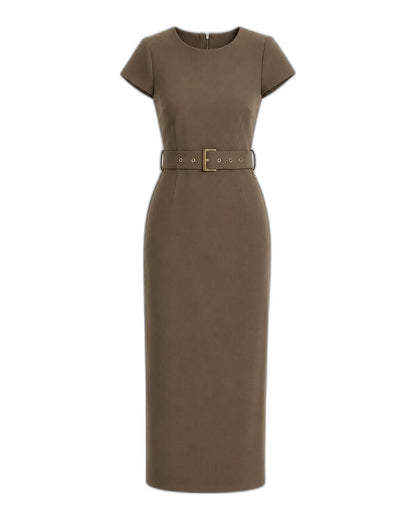 Khaki cap-sleeve belted midi dress Khaki back
