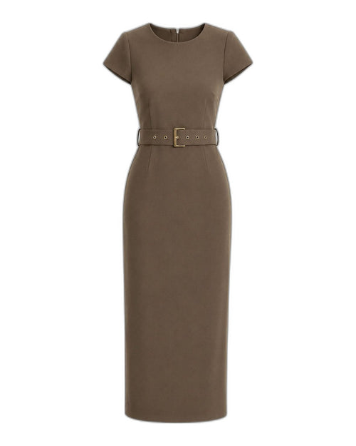 Khaki cap-sleeve belted midi dress Khaki back