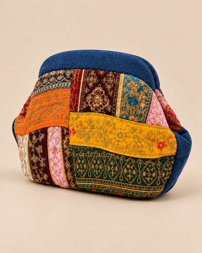 Multicolor Patchwork Denim Pouch - Angled View