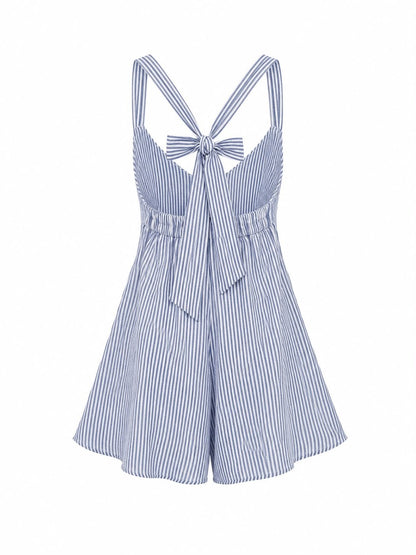 Striped seersucker flared dress Blue