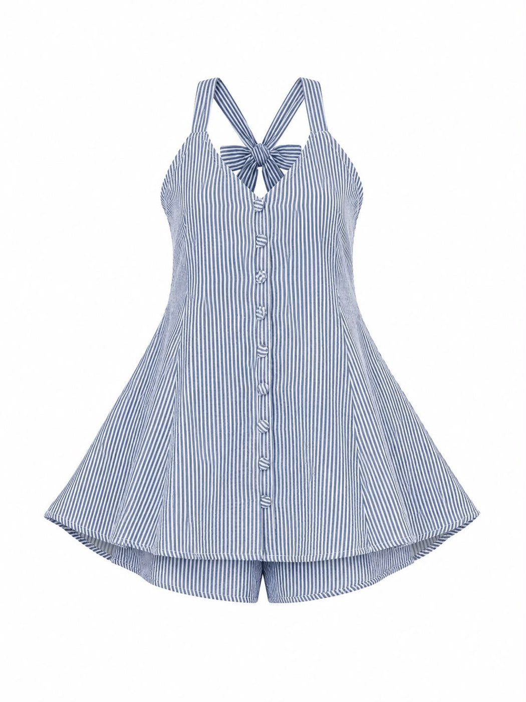 Striped seersucker flared dress Blue back