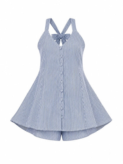 Striped seersucker flared dress Blue back