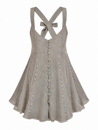 Striped seersucker flared dress Grey