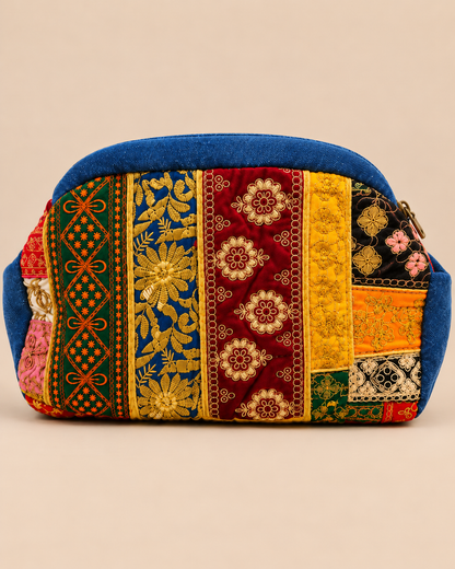 Vintage Embroidered Denim Patchwork Pouch - Back