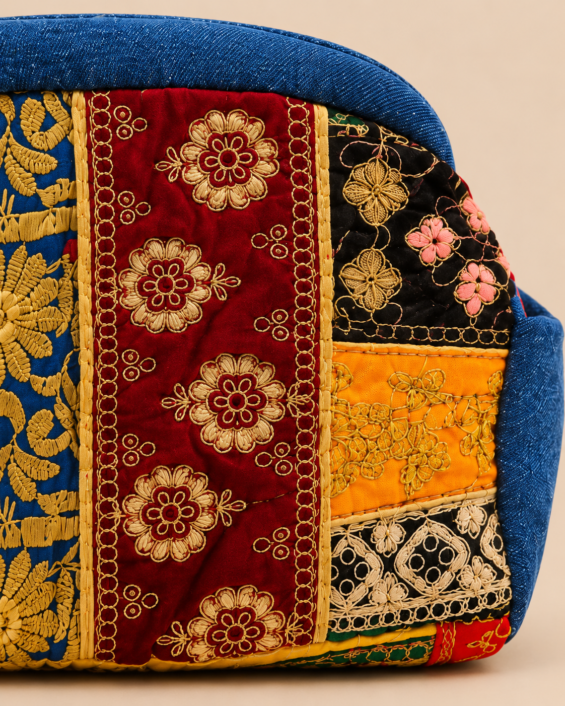 Vintage Embroidered Denim Patchwork Pouch - Detail