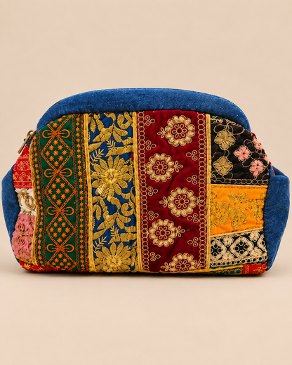 Vintage Embroidered Denim Patchwork Pouch - Front