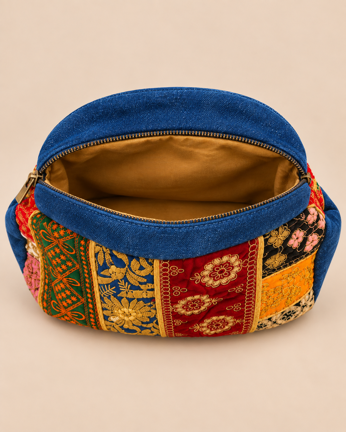 Vintage Embroidered Denim Patchwork Pouch - Open Top