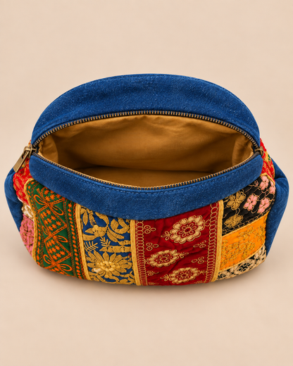 Vintage Embroidered Denim Patchwork Pouch - Open Top