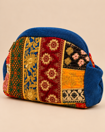 Vintage Embroidered Denim Patchwork Pouch - Side
