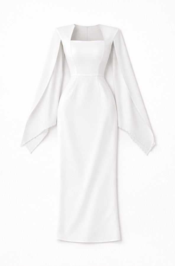 White dress with wide sleeves & pearls